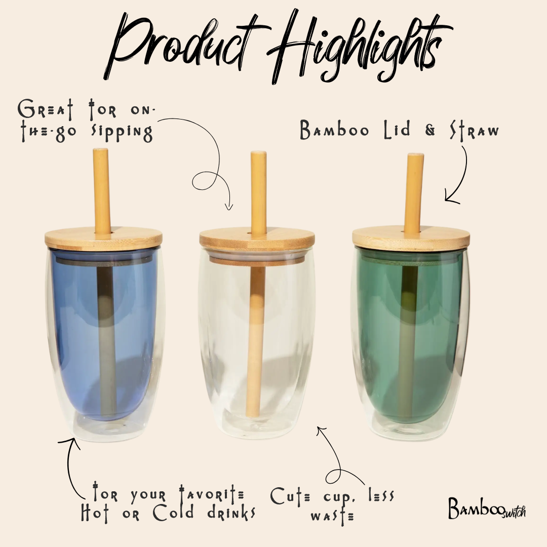 Reusable Glass Tumbler Cup + Bamboo Straw | Ocean Blue